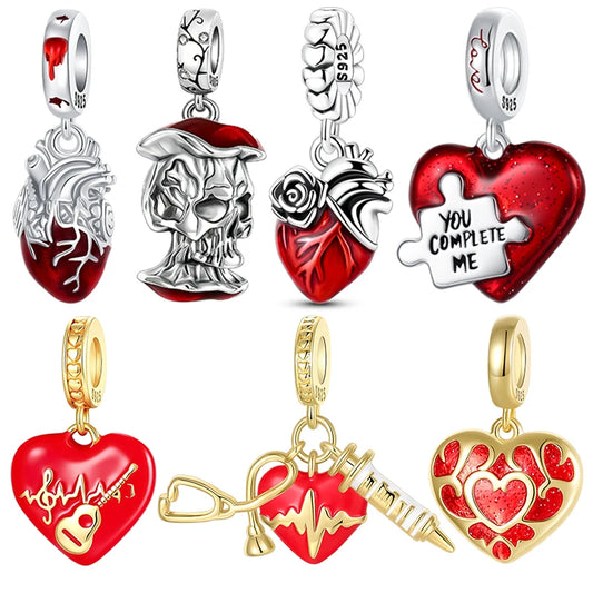 Herz- und Orgel-Charm, 925er-Sterlingsilber, roter Rosenschädel, baumelnder Anhänger, dunkle ästhetische Passform, Armreif, Halskette, DIY-Schmuck