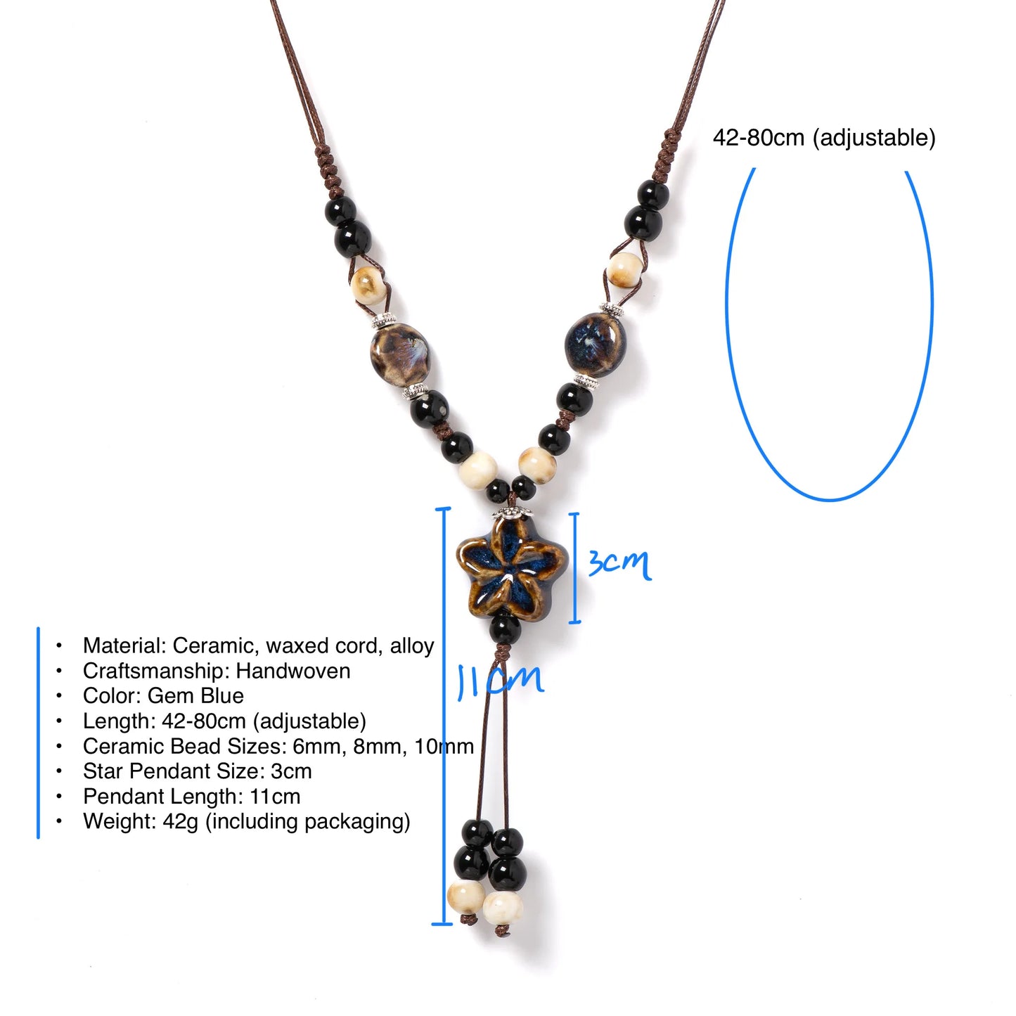 Runder Stern, handgefertigte Keramik-Halskette, verstellbarer Anhänger in Edelsteinblau, Boho-Schmuck, langer Anhänger für Frauen 1101