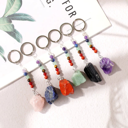 1 Stück natürlicher Kristall-Schlüsselanhänger mit sieben Chakra, Kristall-Rohstein-Anhänger, handgefertigter Schmuck, Festival-Geschenk