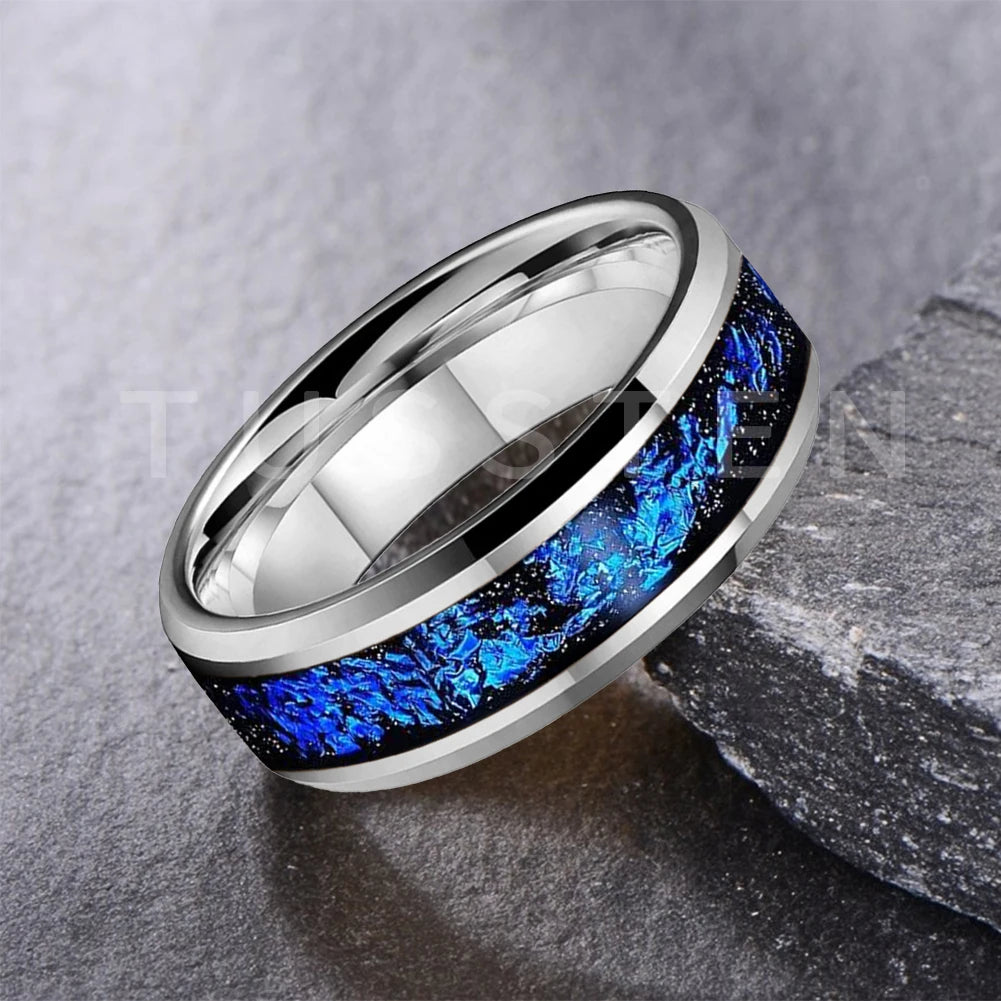Wolfram 6/8mm Wolfram Ring für Männer Frauen blaue Folie Inlay Verlobung Ehering abgeschrägt poliert glänzend bequeme Passform