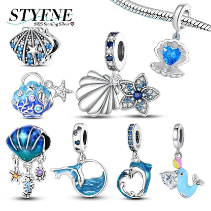 Charms aus 925er-Sterlingsilber, Perlen-Anhänger, Muschel, Delfin, Hippocampus, blauer Charm für Damen, Armband, Schmuck, Geschenk