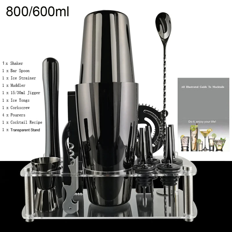 12 Stück Schwarz/Roségold/Silber 800/750/600 ml Boston Shaker Barkeeper Kit Cocktail Shaker Set Bar Werkzeuge Ständer Cocktail Rezept