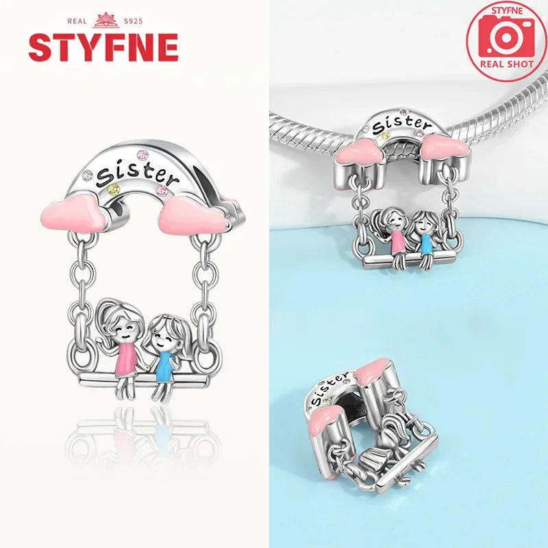 Sterling Silber S925 Schwestern auf der Schaukel Charms Herz Bead Fit Original Armband Armreif DIY Feines Geschenk Schmuck für Frauen