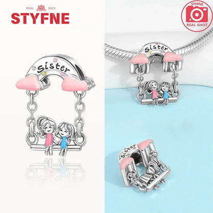Sterling Silber S925 Schwestern auf der Schaukel Charms Herz Bead Fit Original Armband Armreif DIY Feines Geschenk Schmuck für Frauen