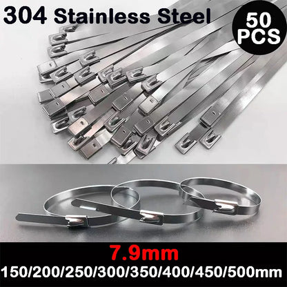 50 Stück Breite 7,9 mm Edelstahl-Kabelbinder, Auspufffolie, beschichtete Verriegelungskabelbinder, Mehrzweck-Kabelbinder mit Metall