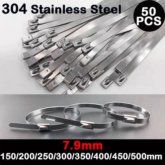 50 Stück Breite 7,9 mm Edelstahl-Kabelbinder, Auspufffolie, beschichtete Verriegelungskabelbinder, Mehrzweck-Kabelbinder mit Metall