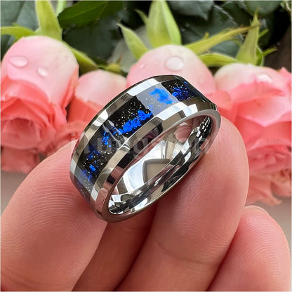 iTungsten 8 mm schwarze/silberne Wolfram-Eheringe für Männer und Frauen mit blauen Folien, abgeschrägte Kanten, polnisch, glänzend, bequeme Passform