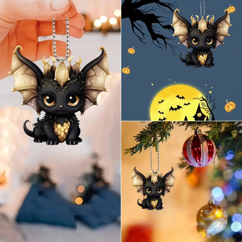 2D Black Dragon Halloween Schlüsselanhänger Cartoon Loong Acryl Anhänger Vielseitiger Charme, Dekor für Auto, Rucksack, Telefon, Zuhause, Festlich, Geschenk