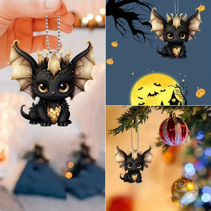 2D Black Dragon Halloween Schlüsselanhänger Cartoon Loong Acryl Anhänger Vielseitiger Charme, Dekor für Auto, Rucksack, Telefon, Zuhause, Festlich, Geschenk