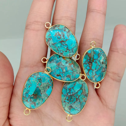 Großhandel 5 Stück natürliche blaue Türkis facettierte Verbindungsperlen ovale Form Gold galvanisierter Doppelring