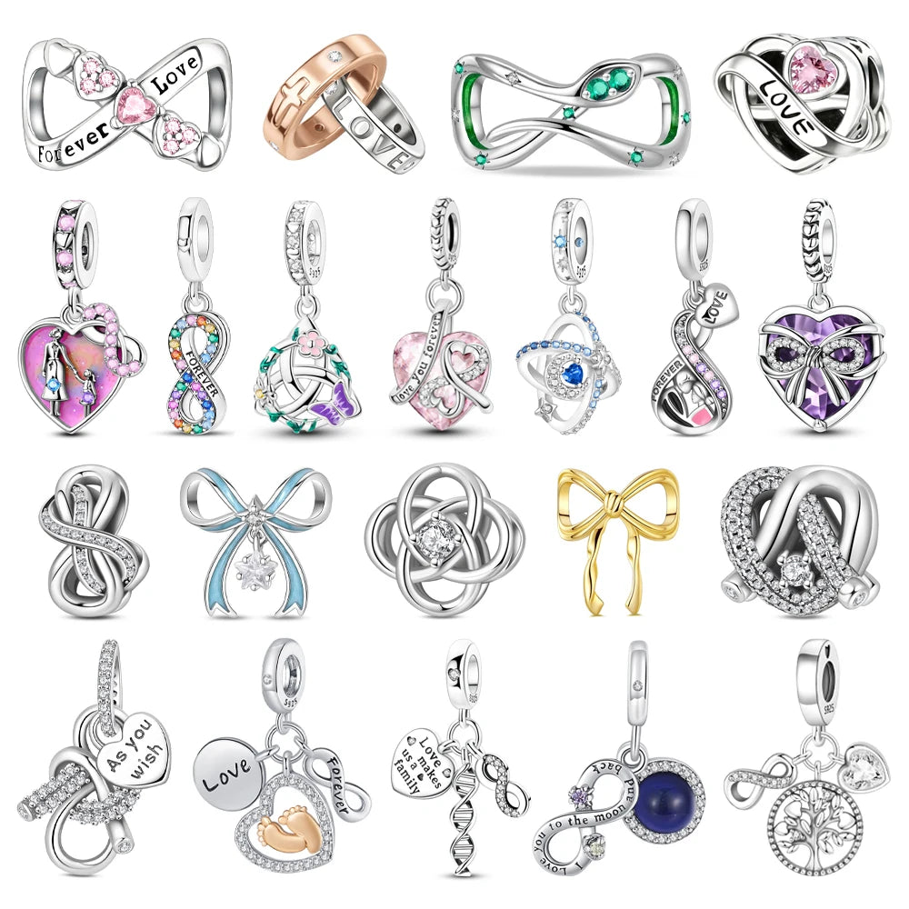 Romantische Schleifenperlen aus 925er-Sterlingsilber und herzförmiger, unendlicher baumelnder Charm, passend für Armbänder, schöne Schmuck-Accessoires, Geschenke