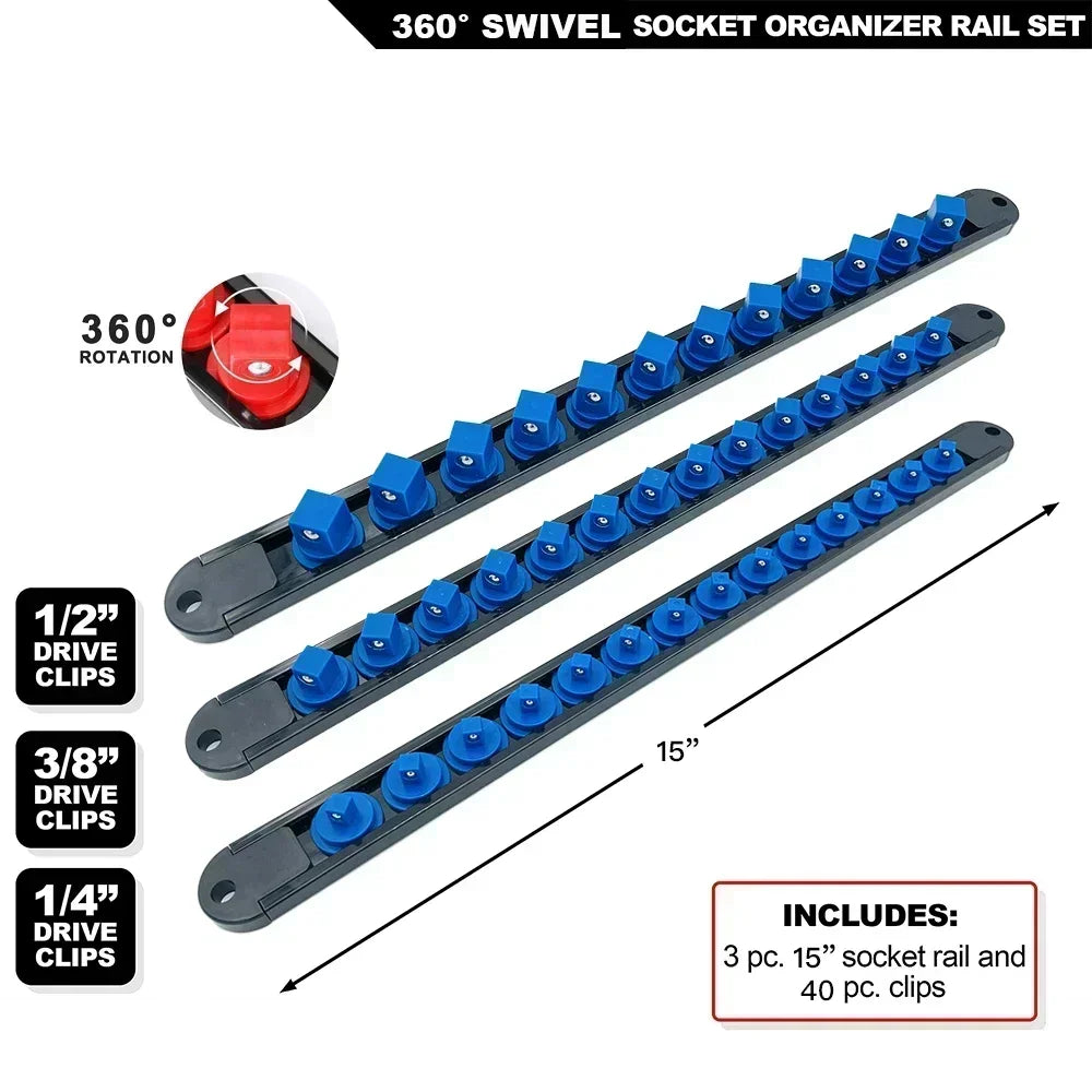360 °   Drehbarer ABS-Sockel-Organizer, 1/4 Zoll, 3/8 Zoll, 1/2 Zoll, Premium-Qualität, Sockel-Clip-Schienenhalter, Steckdosen-Organizer, Werkzeuge, Blau und Rot