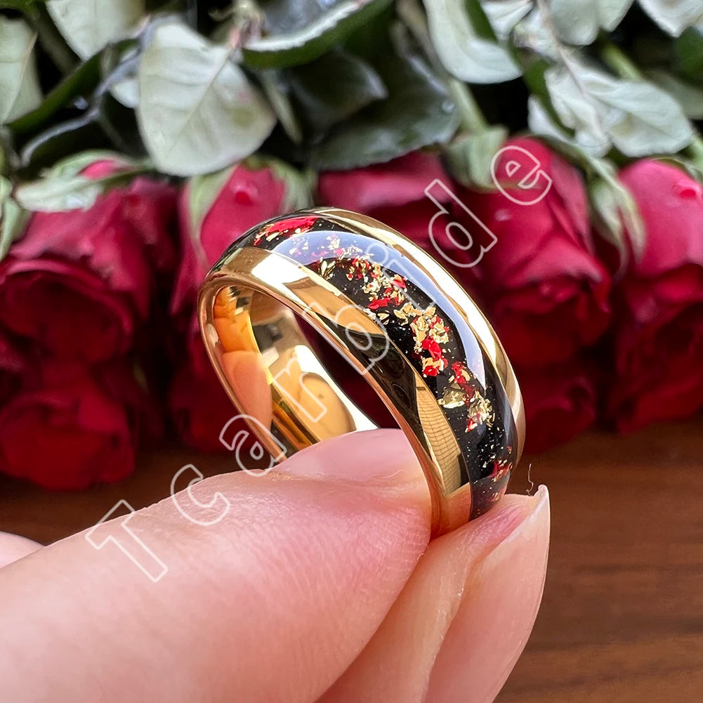 Dropshipping 6mm 8mm 18k Gold Farbe Kuppel Ehering Schöner Wolframkarbid Ring mit roter und Goldfolieninlage Comfort Fit