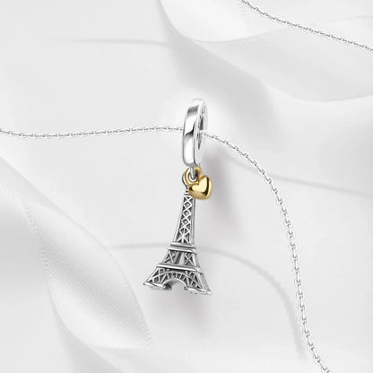 Kreativer Doppel-Charm aus 925er-Sterlingsilber, Eiffelturm, goldenes Herz, passend für DLY-Armbänder, Halsketten, Damen-Dating-Schmuck-Accessoires