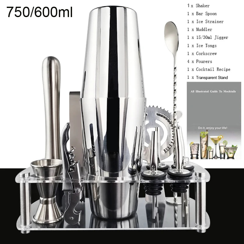 12 Stück Schwarz/Roségold/Silber 800/750/600 ml Boston Shaker Barkeeper Kit Cocktail Shaker Set Bar Werkzeuge Ständer Cocktail Rezept