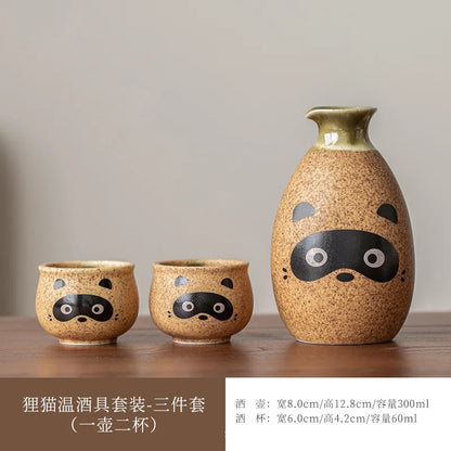 Japanisches Sake Pot Kit Handbemalt Zibet Katze Shochu Cup Set Retro Wein Keramik Zwei Tassen Barzubehör für Geschenk Bar Sets Zubehör