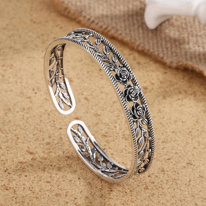Neue Retro Rose Blatt Hohl Armbänder 925 Sterling Silber Schmuck Temperament Persönlichkeit Süße Blume Öffnung Armreifen TYB119