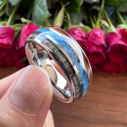 Dropshipping 8mm Männer Frauen Wolfram Ehering Dome Band Mit Hirschgeweih Blau Opal Und Holz Inlay Comfort Fit