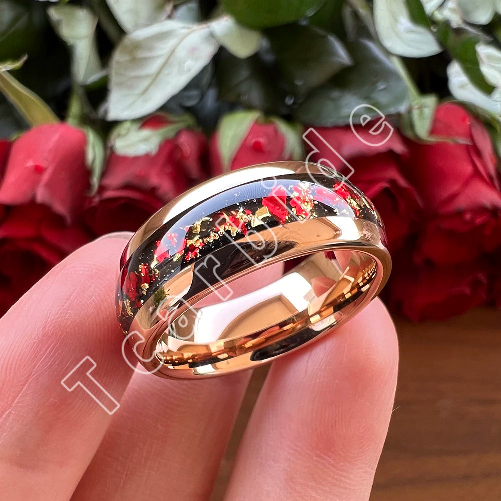 Dropshipping 6mm 8mm 18k Gold Farbe Kuppel Ehering Schöner Wolframkarbid Ring mit roter und Goldfolieninlage Comfort Fit