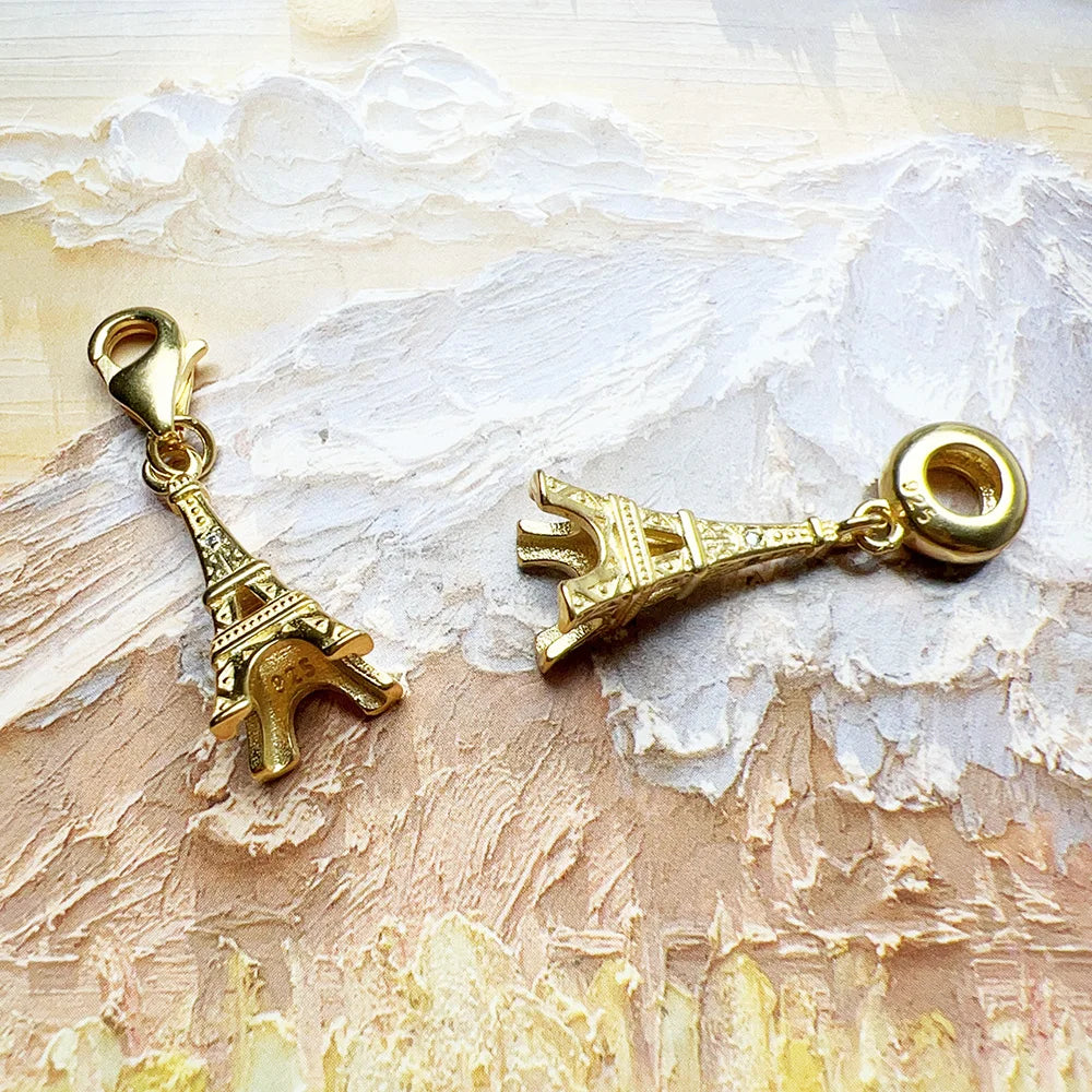 Modischer vergoldeter Charm-Anhänger, Eiffelturm, 925er Sterlingsilber, edler Schmuck, klassisches Geschenk für Damen und Herren