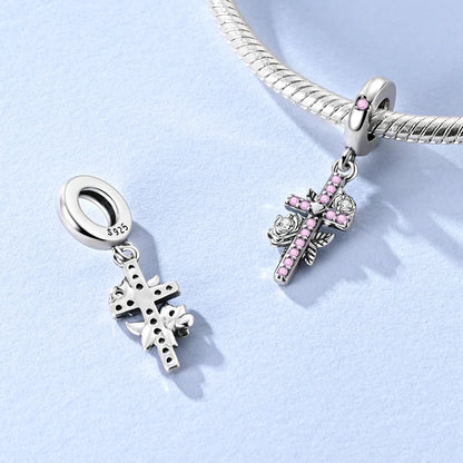 Rosa Charms aus 925er-Sterlingsilber, Perlen, Schmetterling, Parfümflasche, Krone, herzförmiger Zirkon, Charms für Frauen, feiner DIY-Schmuck, Geschenke