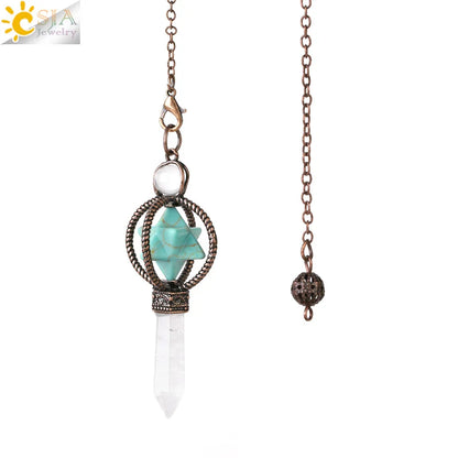 CSJA Esoterik Kristallpendel für Wünschelpen, Weissagung, Pendel, Merkaba, Naturstein-Anhänger, klarer Quarz, rote Bronze, G930