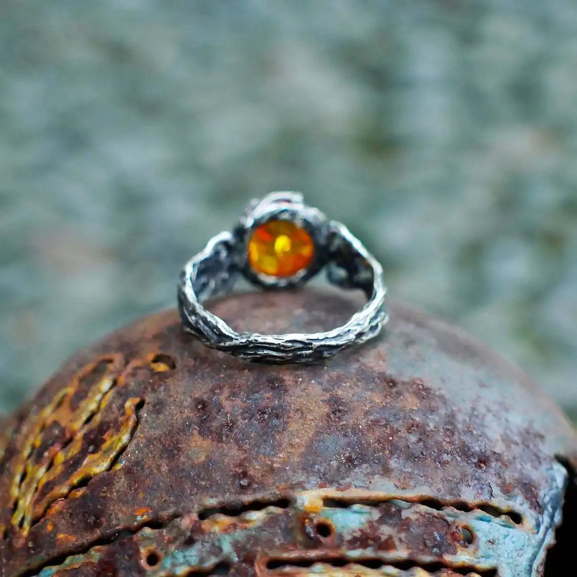 Retro hohle Blume Bernstein Stein Ring für Frauen Silber Farbe Vintage Ring Unisex Accessoires handgemachte Designer Schmuck Liebhaber Geschenk