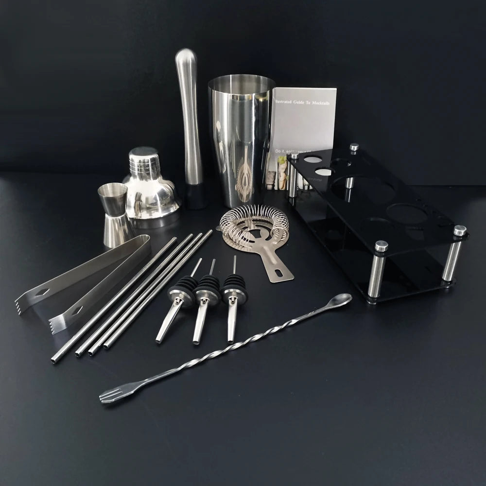 13-teiliges 750 ml 600 ml Cocktail-Shaker-Set, Bar-Werkzeuge aus Edelstahl mit schwarzem Ständer, 750 ml Shaker, Jigger, Löffel, Ausgießer