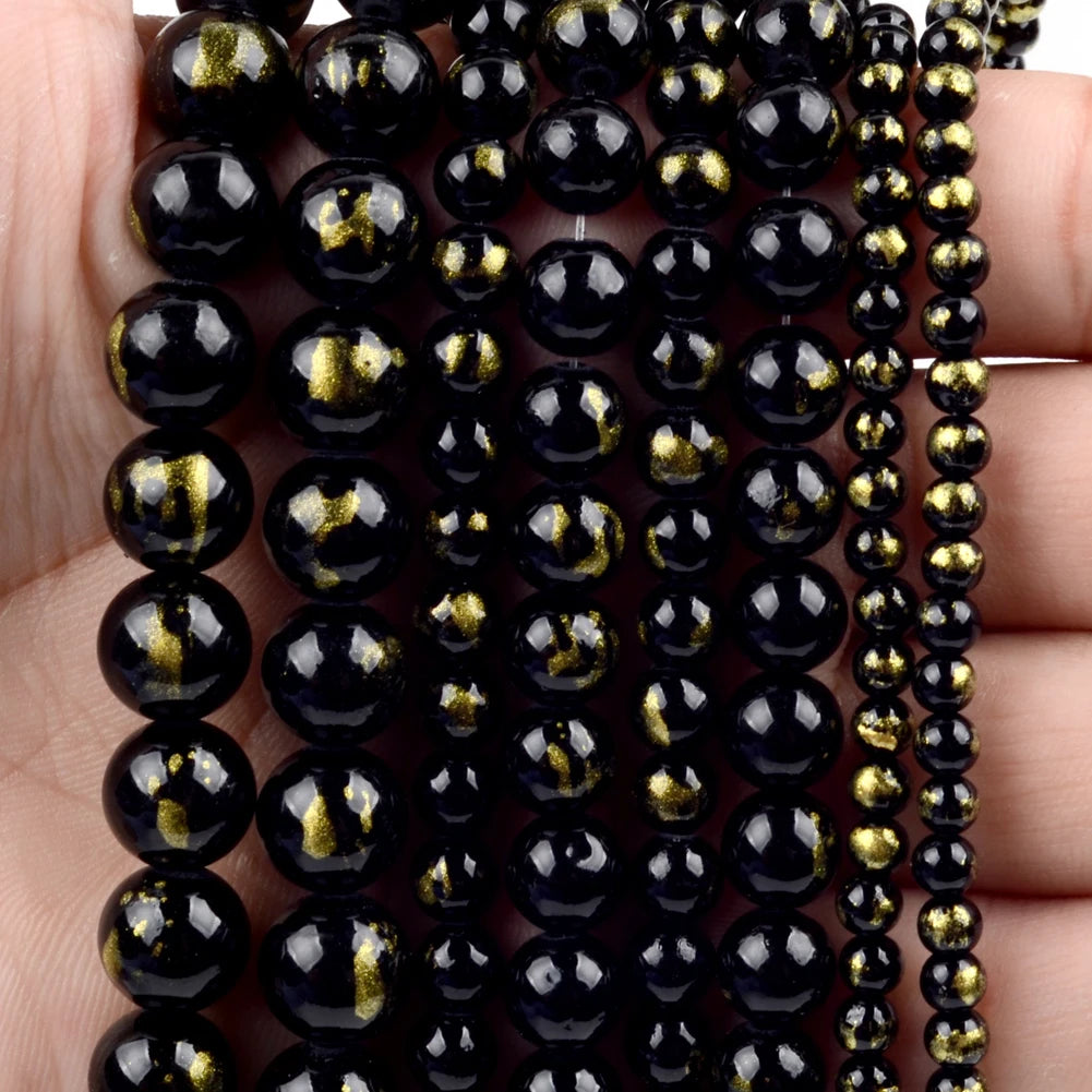 Natürliche Stein Perlen 6 8 10 12mm Schwarz Gold Farbe Linie Achate Runde Perlen Für Schmuck Machen DIY handgemachte Armband Halskette 15''