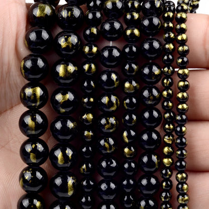 Natürliche Stein Perlen 6 8 10 12mm Schwarz Gold Farbe Linie Achate Runde Perlen Für Schmuck Machen DIY handgemachte Armband Halskette 15''