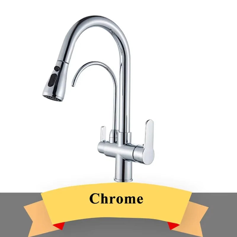 Küchenarmatur mit reinem Wasser, Deckmontage, Doppelgriff-Wasserhahn, Reinigung, Küchenspüle, Wasserhahn, 2, drehbarer Auslauf, Wassermischbatterie