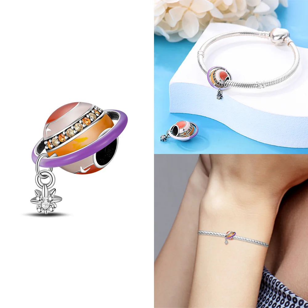 Original 925 Silber Lila Romantische Sternenplanet Perlen Halskette Charms Perlen Fit Armband Frauen Diy Zubehör Feines Geschenk