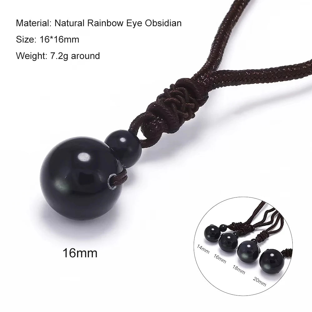Halsketten und Anhänger aus Naturstein für Damen und Herren, schwarzer Obsidian, Regenbogenaugenperlen, Kugeltransfer, Lucky Love