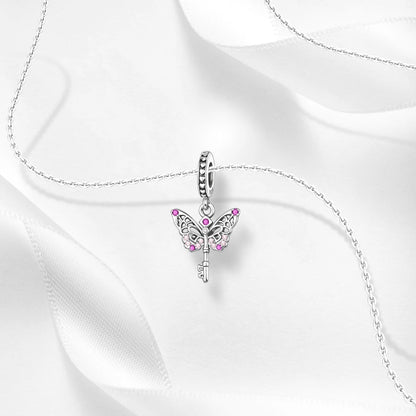 Exquisiter 925er-Sterlingsilber-Charm mit funkelndem Edelstein, Schlüssel, Blume, Schmetterling, passend für DIY-Armbänder, Halsketten, edler Schmuck, Geschenke