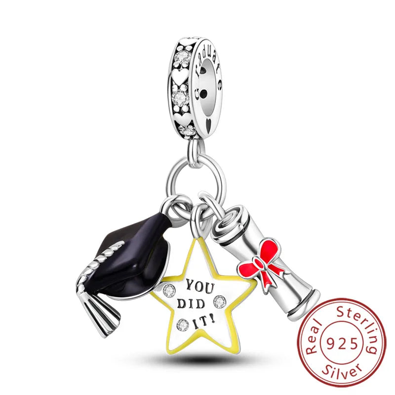 Original-Charms für den Abschluss, Perlen-Anhänger, 925er-Sterlingsilber, Bachelor-Hut, Kappen-Charms, passend für Armbänder, DIY-Zeremonie, Schmuck, Geschenk