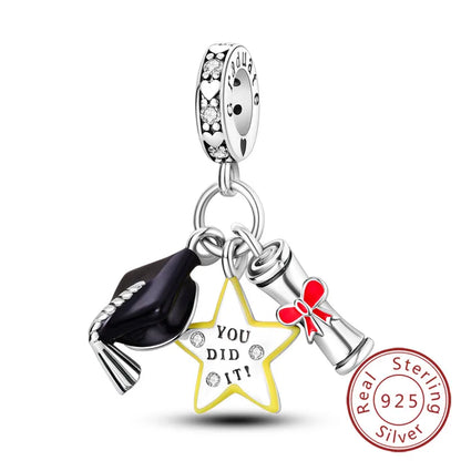 Original-Charms für den Abschluss, Perlen-Anhänger, 925er-Sterlingsilber, Bachelor-Hut, Kappen-Charms, passend für Armbänder, DIY-Zeremonie, Schmuck, Geschenk