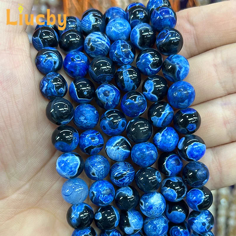 Naturstein Dunkelblaue Feuerachate Edelsteinperlen für Schmuckherstellung DIY Damenohrringe Zubehör 15" Großhandel 6/8/10mm
