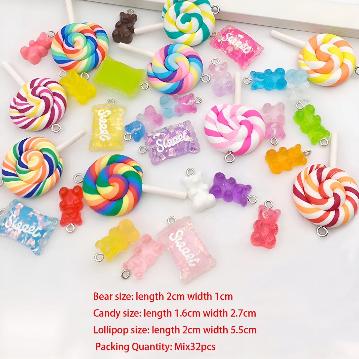32-teiliges Kunstharz-Lutscher-, Ombre-Bär- und Süßigkeiten-Charms, kreatives Anhänger-Set für DIY-Ohrringe, Schlüsselanhänger und Taschenzubehör.