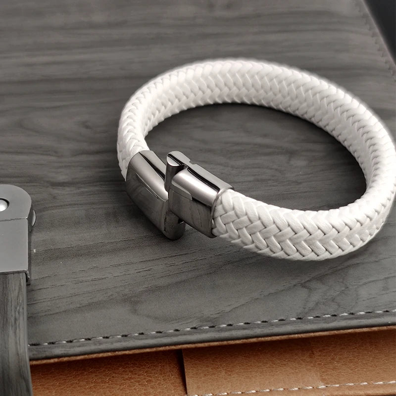 Mode Einfache Weiße Leder Geflecht Armband Edelstahl Schnalle Verschlüsse für Männer Handgemachte Armreif Großhandel Charme Schmuck Geschenk