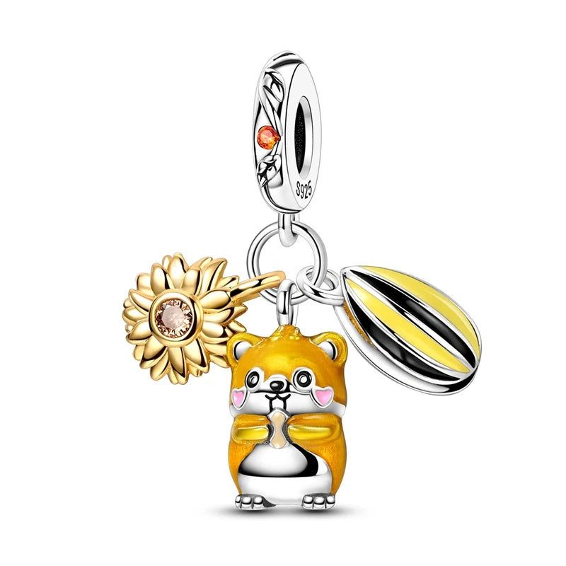 Kürbishaus-Perlen und Kuchen-Donut-Herzform aus 925er-Sterlingsilber, dreifach baumelnder Charm, passend für Armbänder, goldene orangefarbene Anhänger-Geschenke