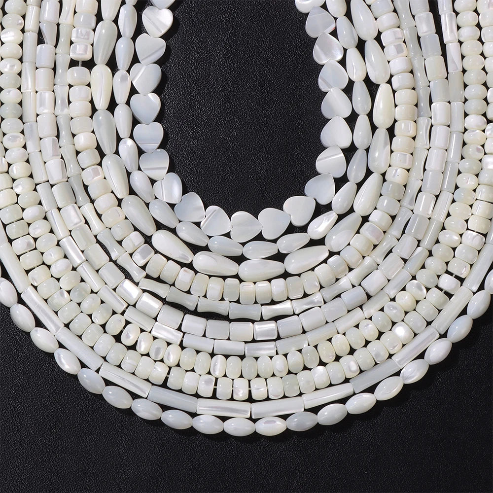 Natürliche weiße Perlmutt-Muschelperlen, Rondelle-Herz, ovale runde Süßwasser-Muschelperlen für die Schmuckherstellung, 38,1 cm pro Strang