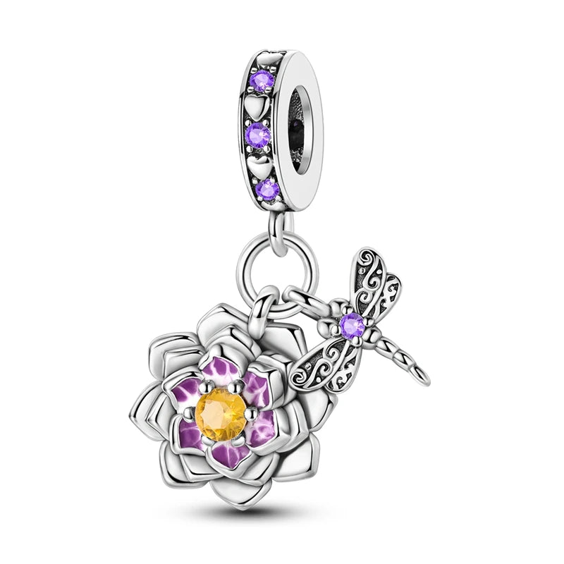 Lila Serie 925 Sterling Silber Traubenblüten Weinflasche Lebensbaum Tulpen Schnur-Dekoration Passend für DIY Armband Halskette Geschenk
