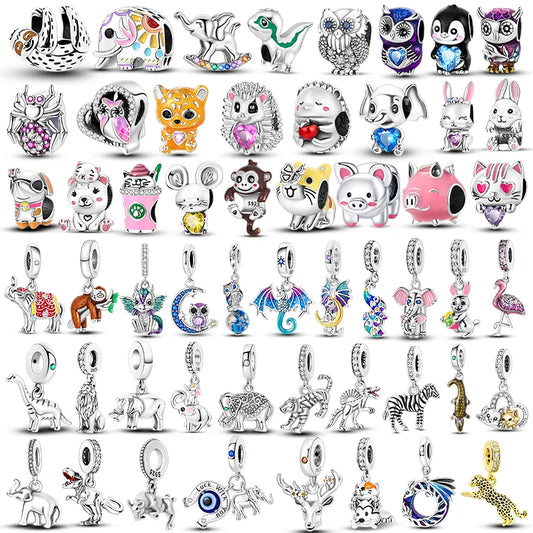 Eulen-Tiere-Charm, 925er Silber, Original-Glanz, Zirkon, Löwe, Drache, Pfau, Elch, Zebra, Charms für Armband, DIY-Schmuck, Geburtstagsgeschenk