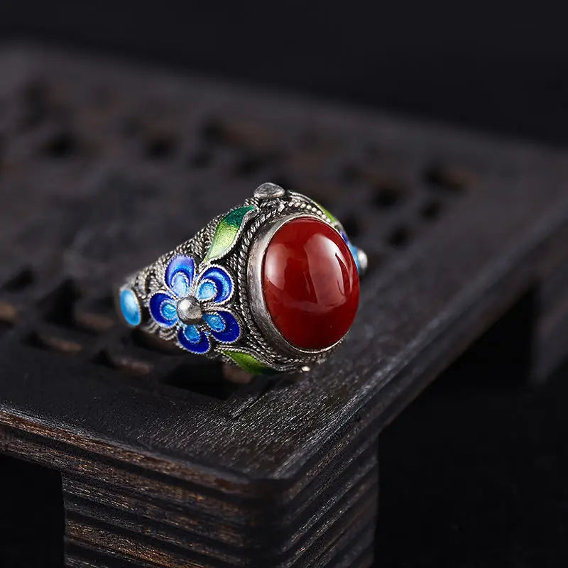 Retro filigran eingelegter roter Ring gebrannter blauer Palast Punk Gothic offener Ring für Frauen handgemachte Unisex Designer Schmuck Accessoires