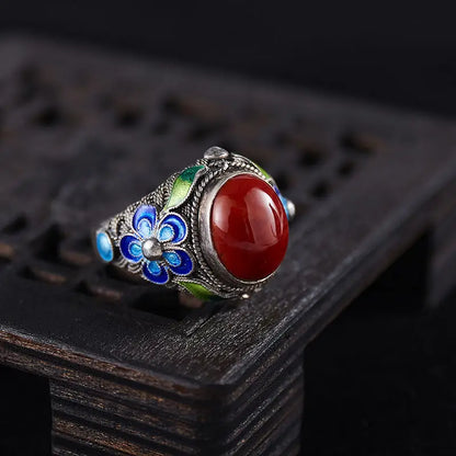 Retro filigran eingelegter roter Ring gebrannter blauer Palast Punk Gothic offener Ring für Frauen handgemachte Unisex Designer Schmuck Accessoires