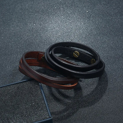 MKENDN Punk Vintage Doppel Strang Schwarz Braun Echtes Echtes Kuh Leder Charme Unisex Schnalle Armband Für Männer Frauen Schmuck Geschenke