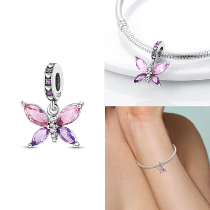 Neue Charms-Perle aus 925er-Sterlingsilber, rosa Schmetterling, leuchtende Glühwürmchen, baumelnd, passend für Armreifen, Halskette, DIY-Schmuck, Frauen-Geschenk