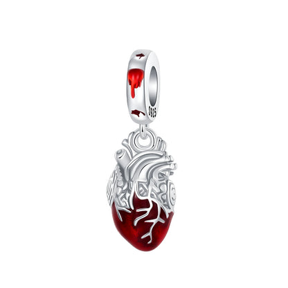 Herz- und Orgel-Charm, 925er-Sterlingsilber, roter Rosenschädel, baumelnder Anhänger, dunkle ästhetische Passform, Armreif, Halskette, DIY-Schmuck