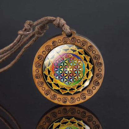 Mandala glass necklace, retro art, wooden pendant, Buddhist sacred geometry, jewelry, spiritual yoga gift