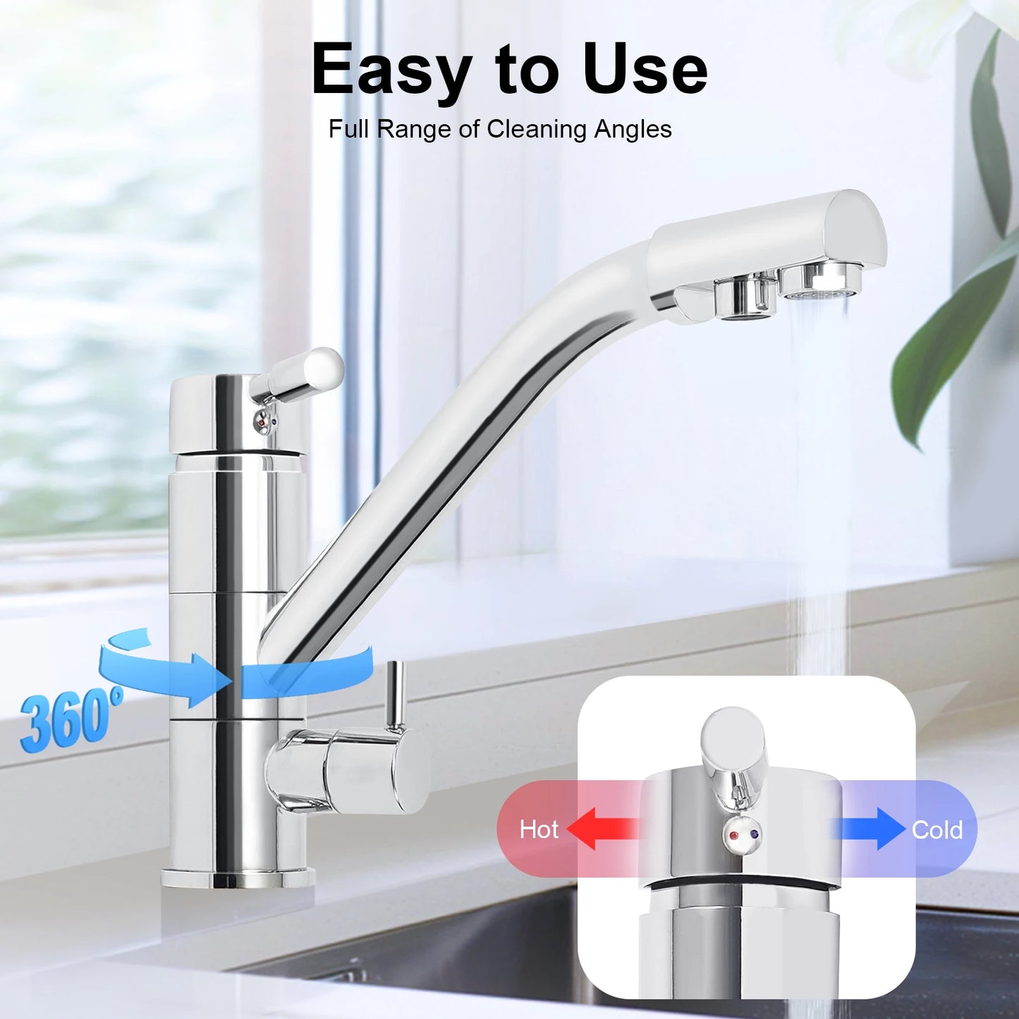 3-in-1 Wasserfilterhahn 360 °   Drehbarer Dreiwege-Küchenarmatur für heißes und kaltes Wasser, Osmose-System, Wasserhahn